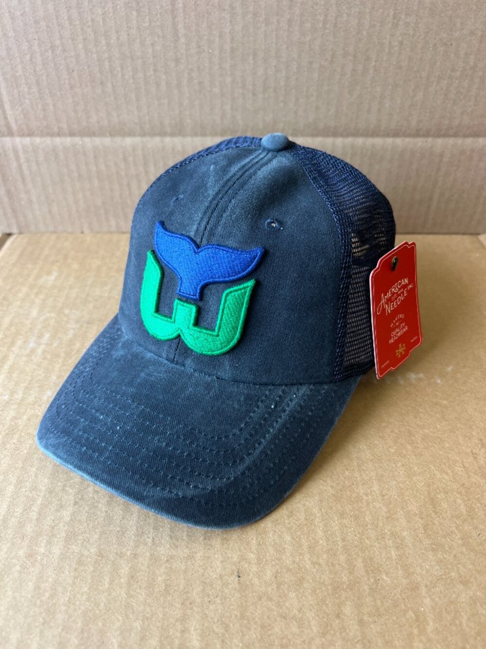 Hartford Whalers Embroidered Display w/Flaws Dad Hat Mesh Buckle Strap Navy